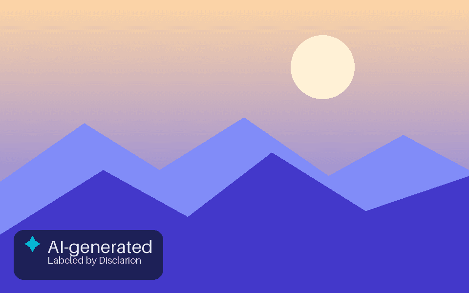 A generic AI-generated landscape image with Disclarion's real watermark baked into its bottom-left corner, reading AI-generated, Labeled by Disclarion